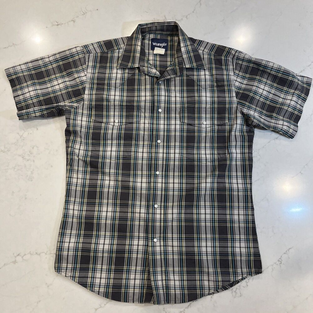 Wrangler Mens M Pearl Snap Plaid Shirt Short Sleeve Western Rockabilly Vintage